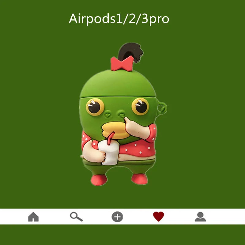 Cartoon green fish head earphone case in soft PVC for Apple AirPods 2 and AirPods Pro, Milk Tea Fish Head Monster design