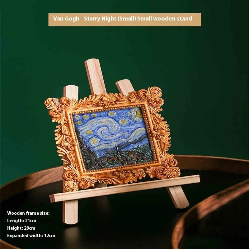DIY filled oil painting craft kit with epoxy clay base, acrylic paints, and brushes for creating textured Van Gogh or Monet art reproductions.