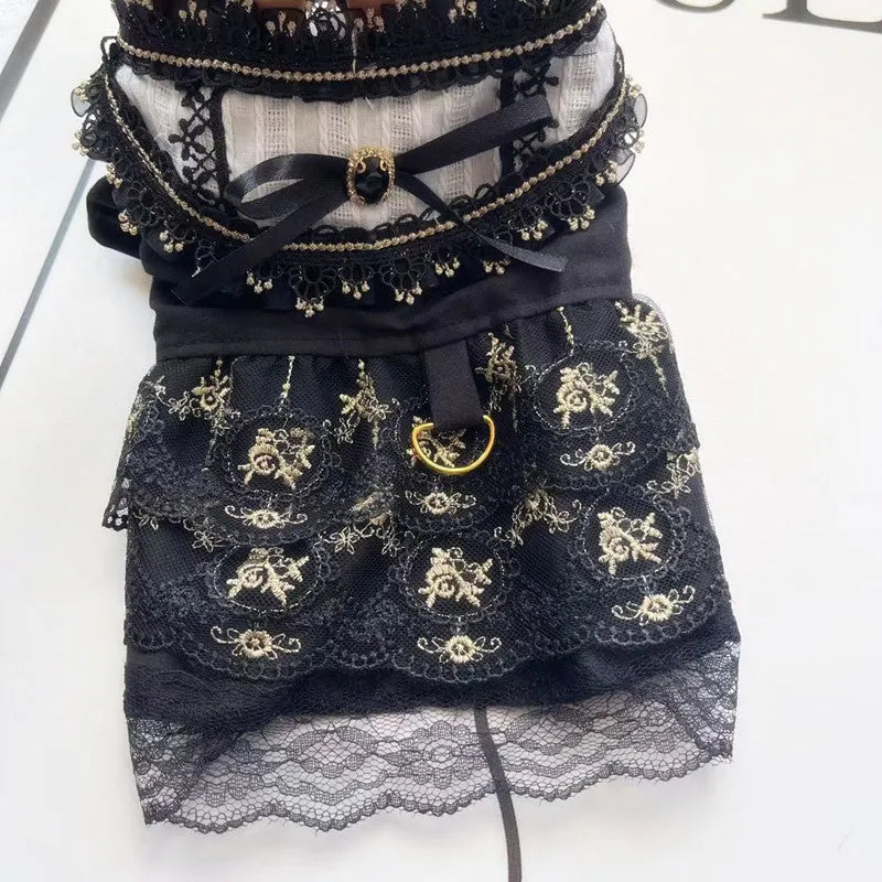 Golden Gothic-style princess skirt costume on a small dog, showing detailed sizing for pet clothing.