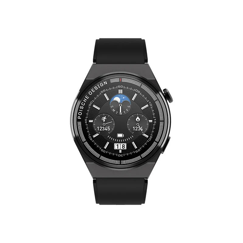 A circular black smartwatch with a silicone strap displaying a home screen on its 1.39-inch tempered glass display.