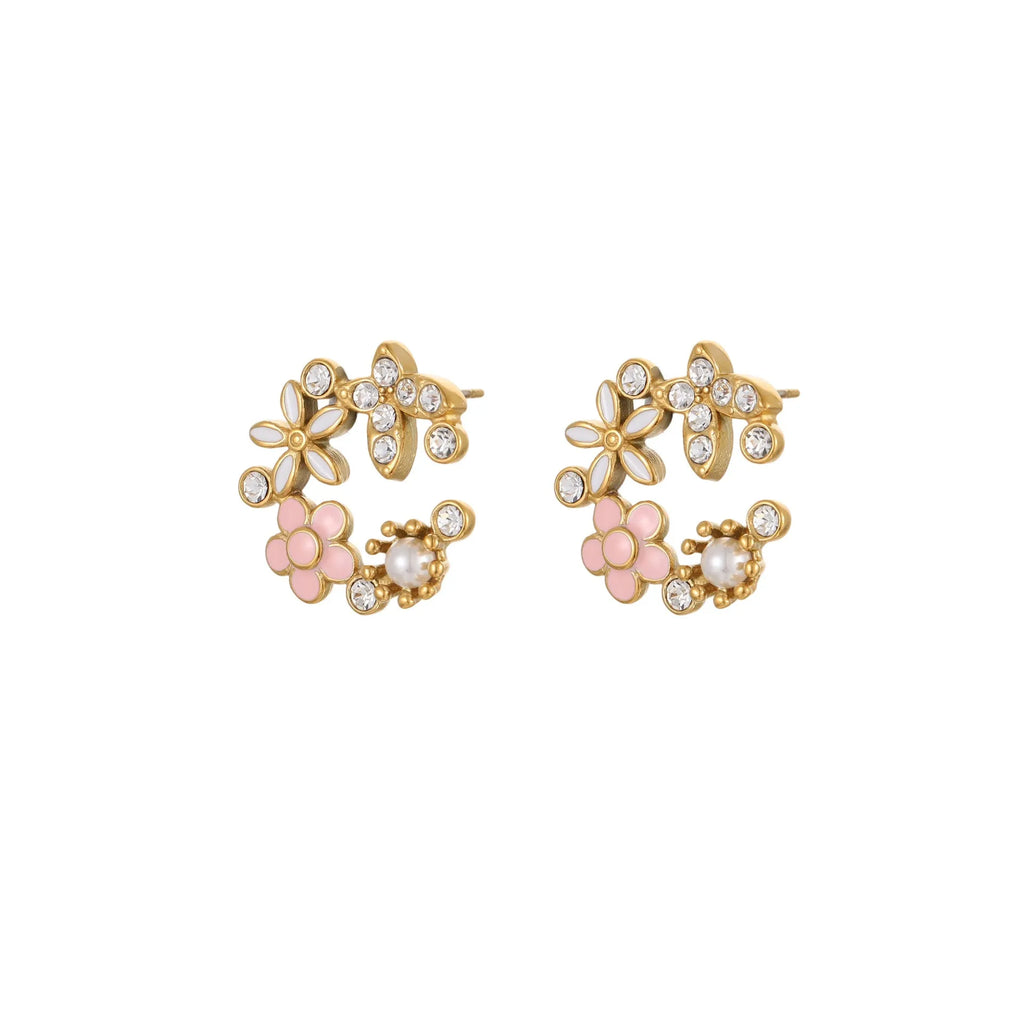 Flower stud earrings with petal design and colourful electroplating on stainless steel with 18K gold plating