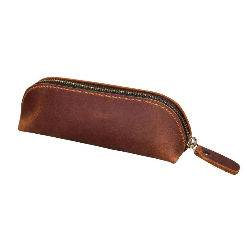 Handmade genuine leather pencil case in square design with zipper closure