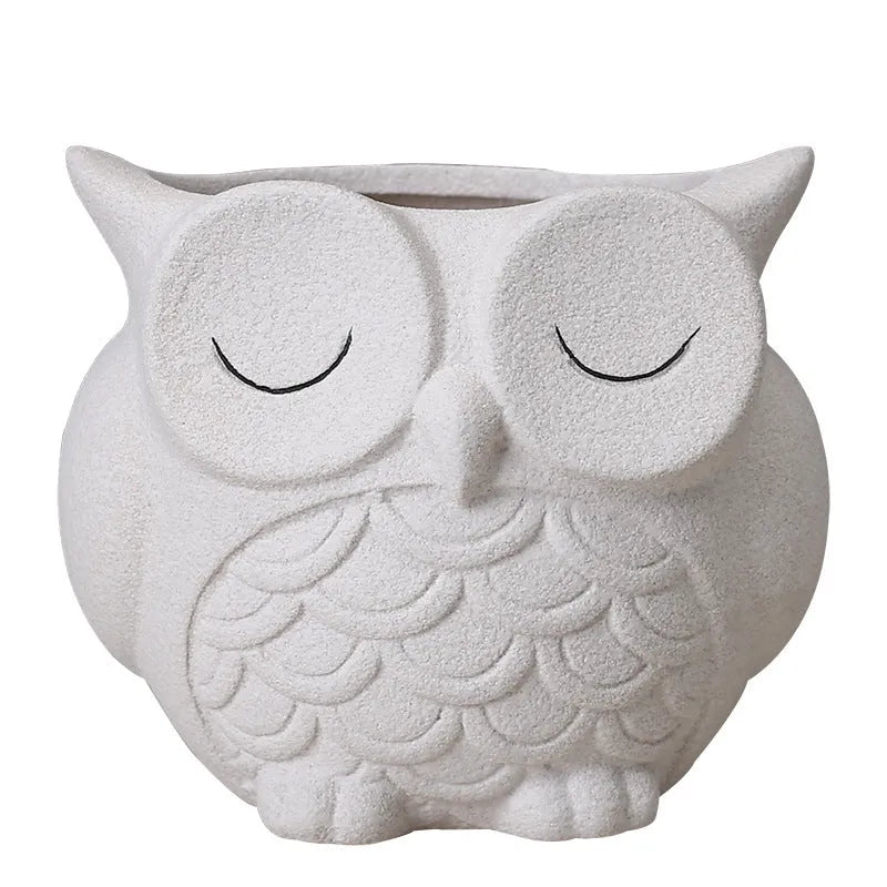 Handmade frosted ceramic owl flower pot for small succulents, 11 cm tall