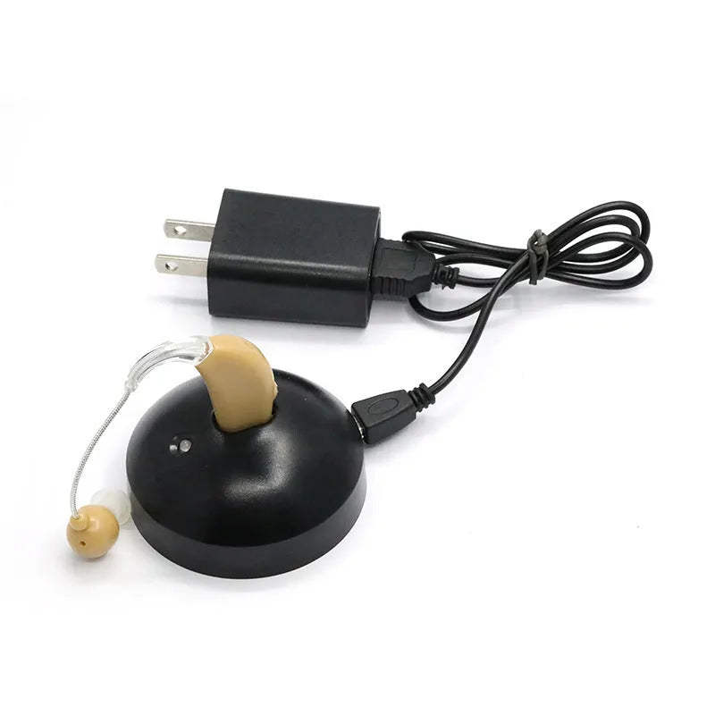 Black silicone rechargeable hearing aid amplifier for the elderly with charging cable
