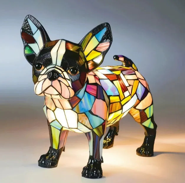 LED small night lamp art animal statue of a dog, creative home desktop decoration in resin and plastic, USB powered