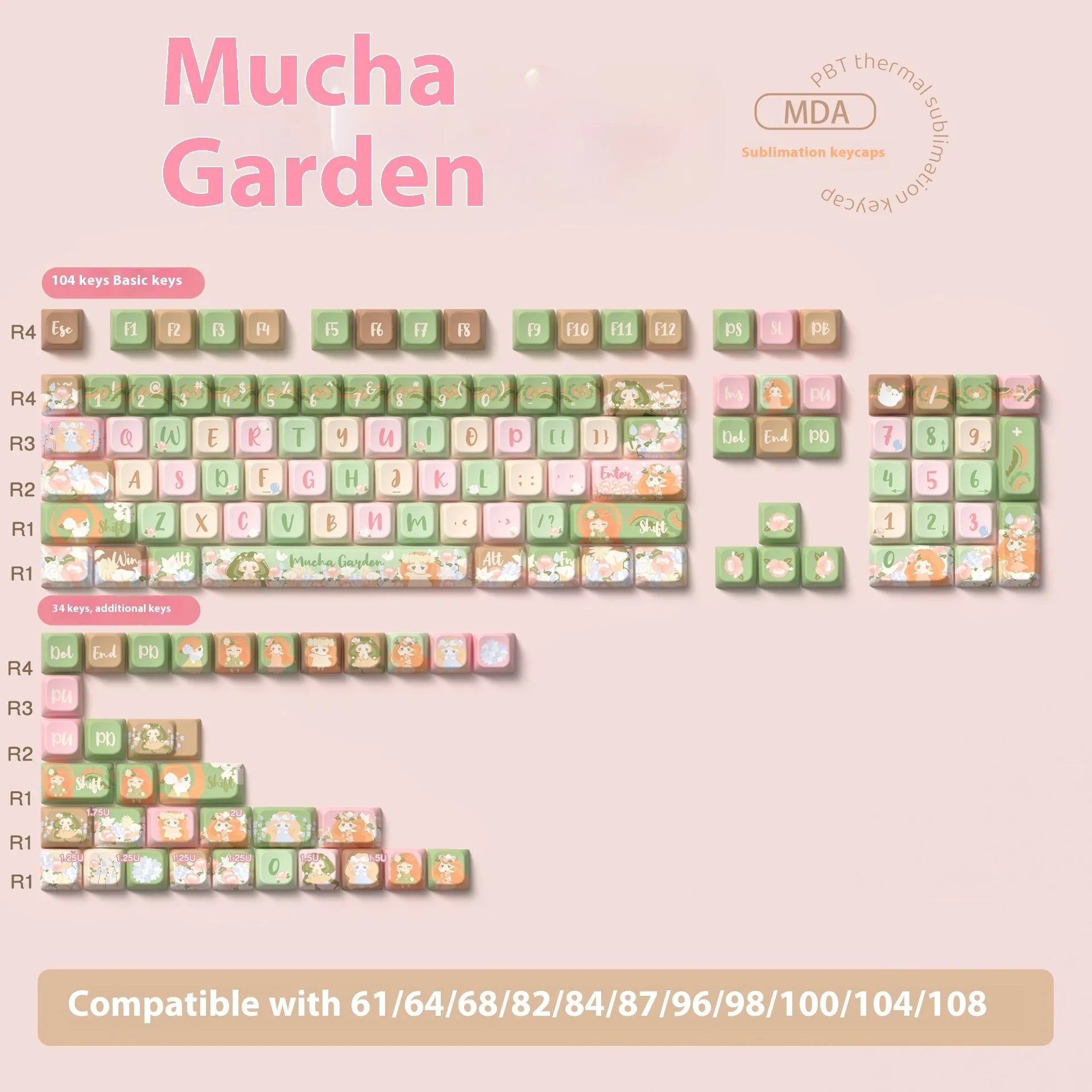 Summer Garden design mechanical keyboard keycaps with sublimation printing in 138-key or 158-key set options