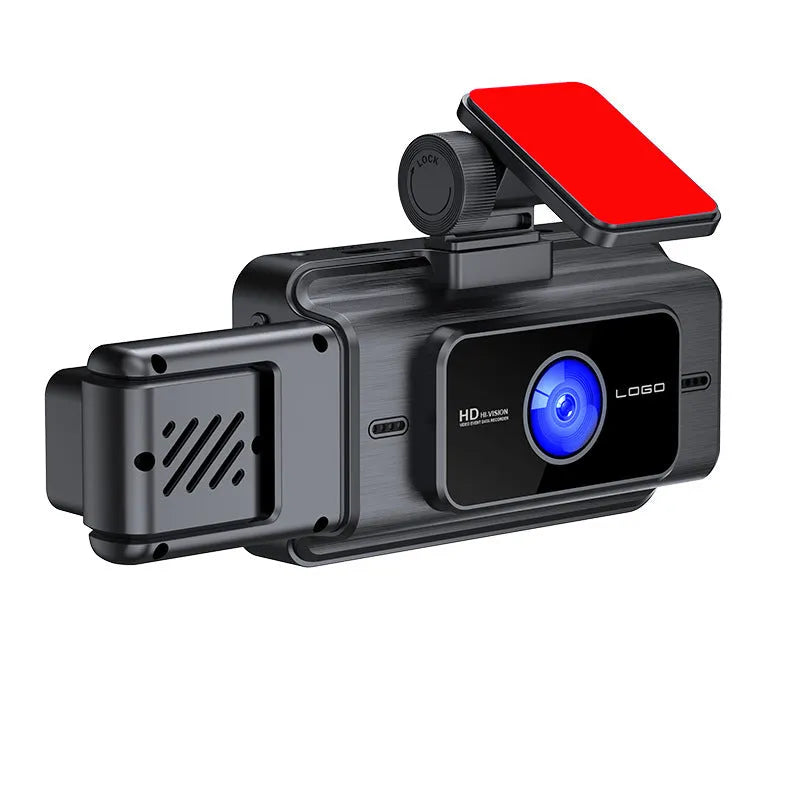 Black 3 lens car dash cam with 3 inch screen, shown mounted on a vehicle windshield.