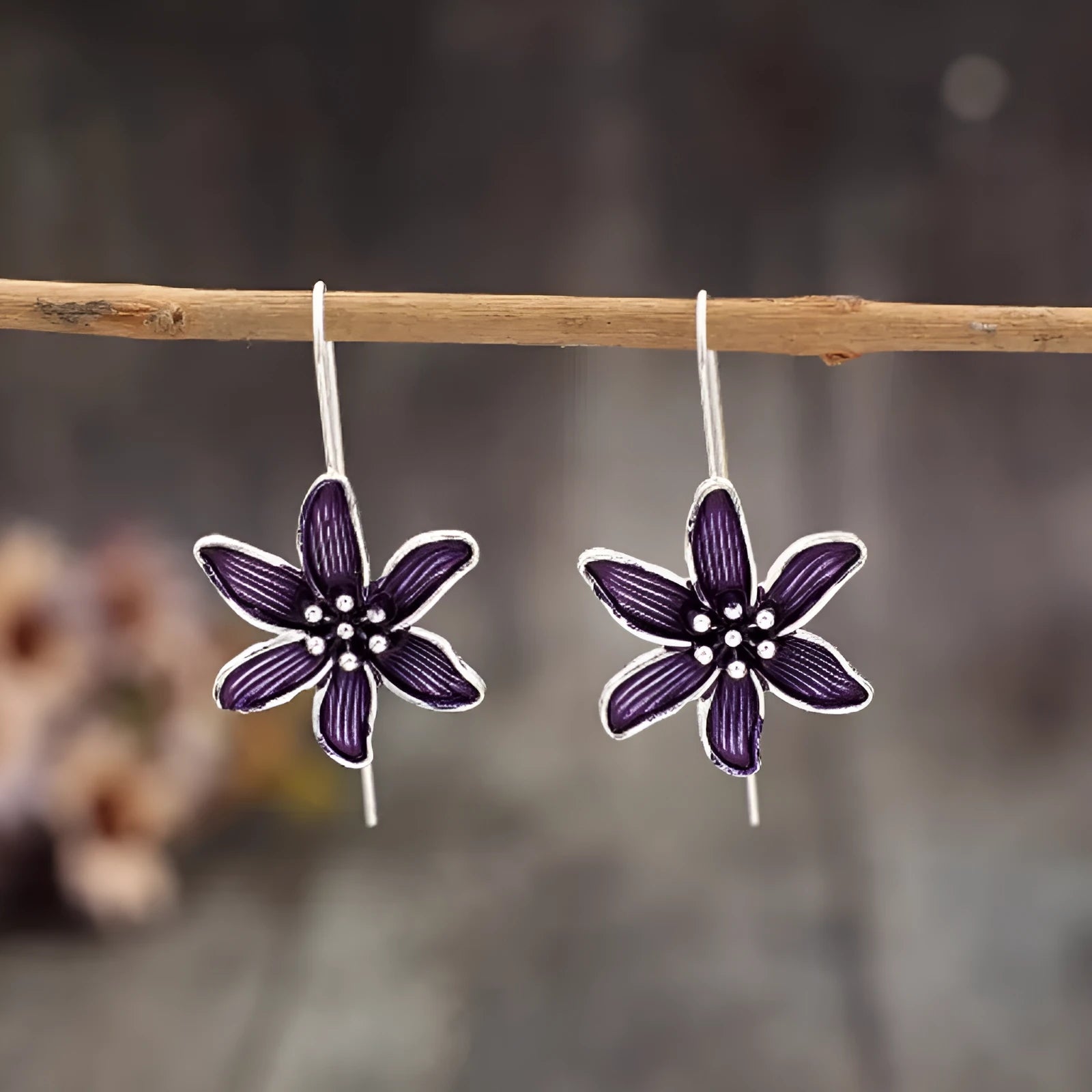 Purple flower-shaped alloy earrings with electroplated finish and retro design for women