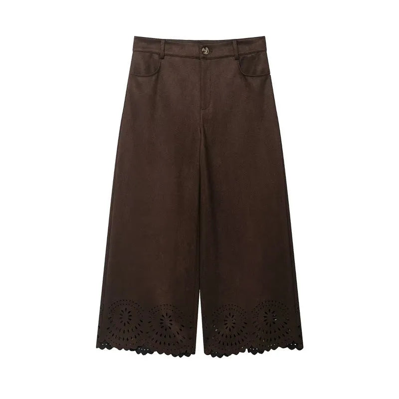 Women's solid colour hollow-out hem top and pants set with long sleeves and button details in size M