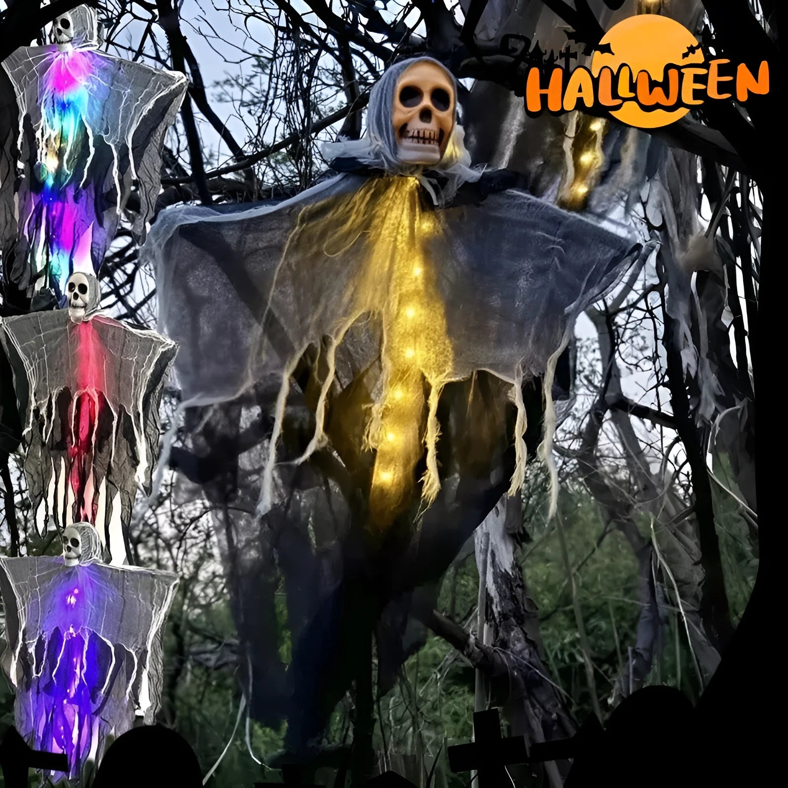 85cm hanging ghost Halloween decoration in warm colour with skull face, made from plastic, wrought iron, foam and cloth