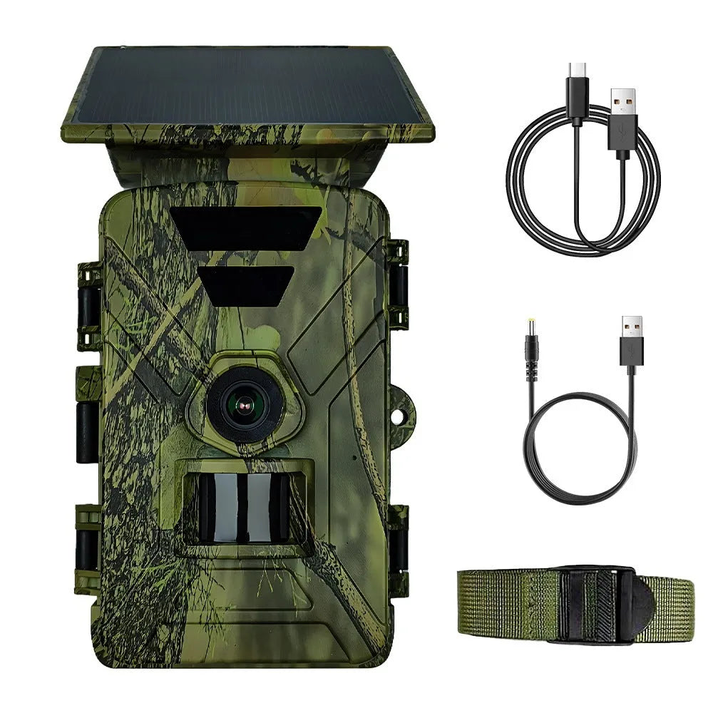 WiFi solar outdoor camera with 8K/5K resolution, Type C charging, and ABS body, 100x75x190mm.