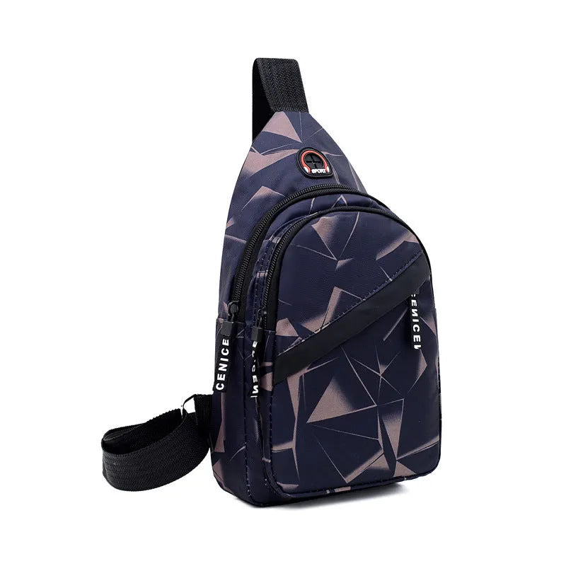 Blue men's crossbody sling bag with earphone hole, made from Oxford cloth, showing front zipper and strap.