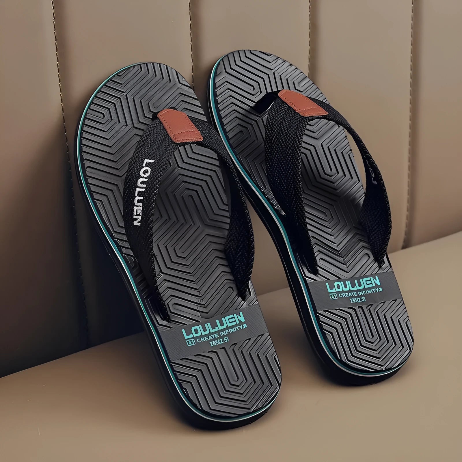 Men's black flip flops with EVA foam upper and textured PVC sole, shown on a neutral background.