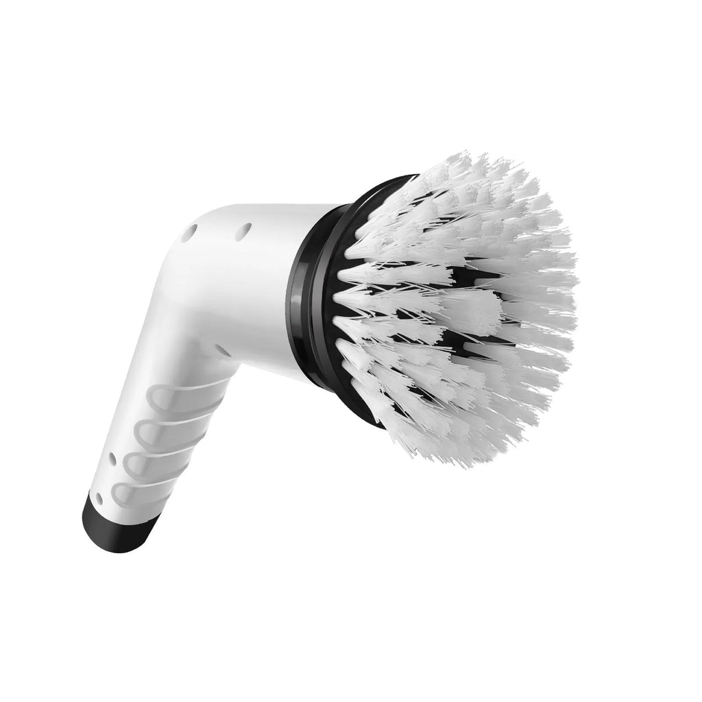White rechargeable handheld cleaning brush with multiple power adapters for household use