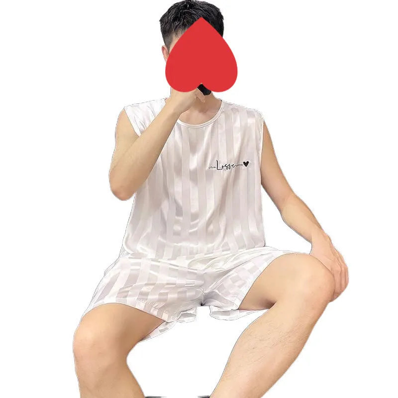 Men's ice silk vest and shorts summer pajama set in black, sleeveless with embroidery, on a plain background.