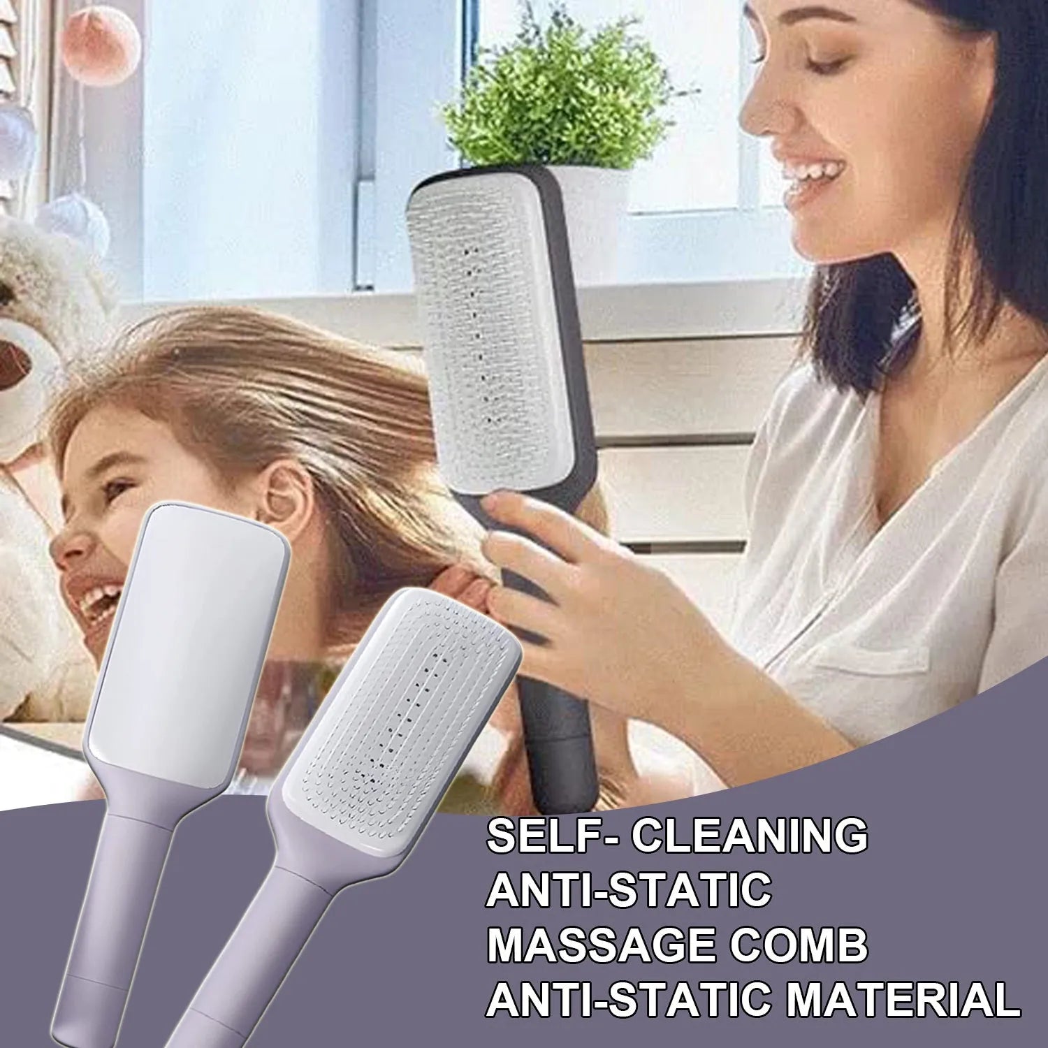 Roland purple self-cleaning hair brush with rotating telescopic handle and anti-static bristles.