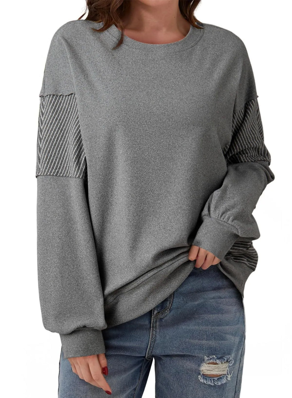 Striped color-blocked round neck long-sleeved polyester pullover sweatshirt in gray