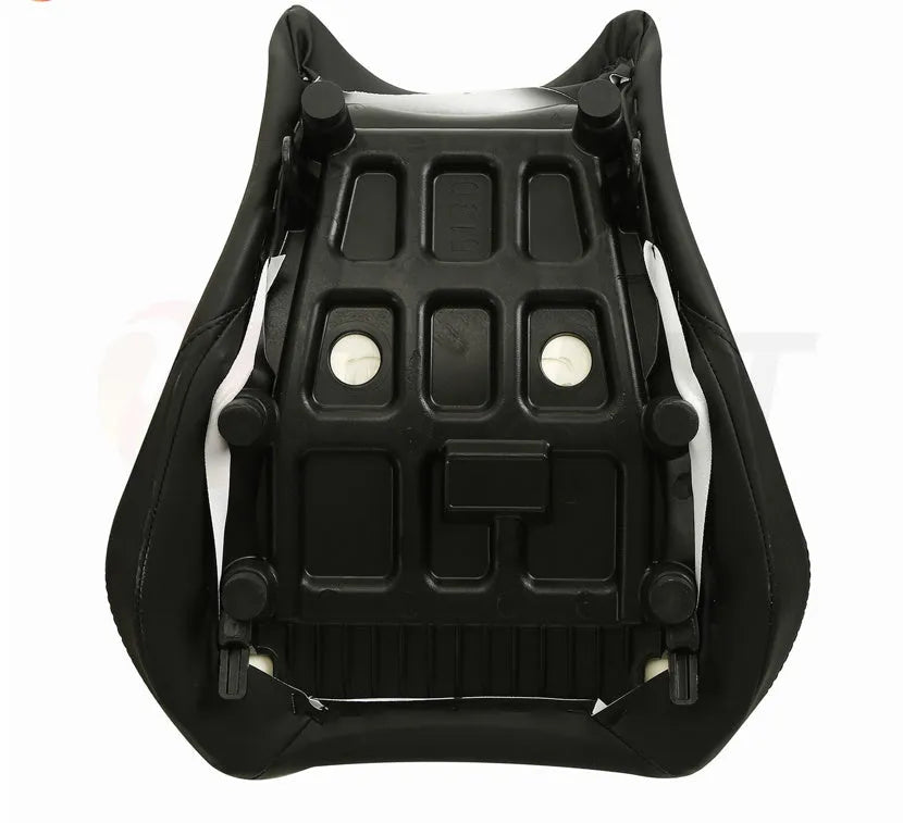 Black PU leather seat cover fitted on a Suzuki GSXR1000 motorbike, showing front and rear set.
