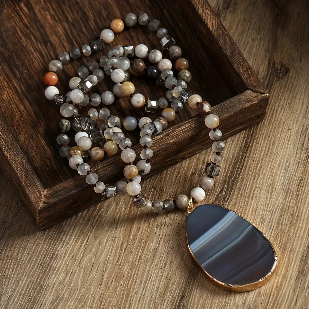 Bohemian 6mm natural stone striped agate water drop pendant necklace, 81cm knotted chain, handmade women's jewellery