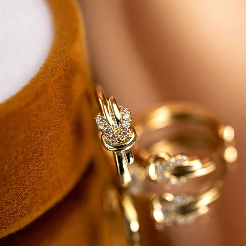 Gold plated copper earrings with inlaid zircon, geometric ring design, Vachette clasp, one pair for women