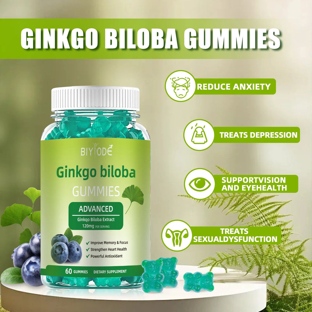 Ginkgo biloba gummies bottle with 60 gummies for memory and focus support herbal supplement