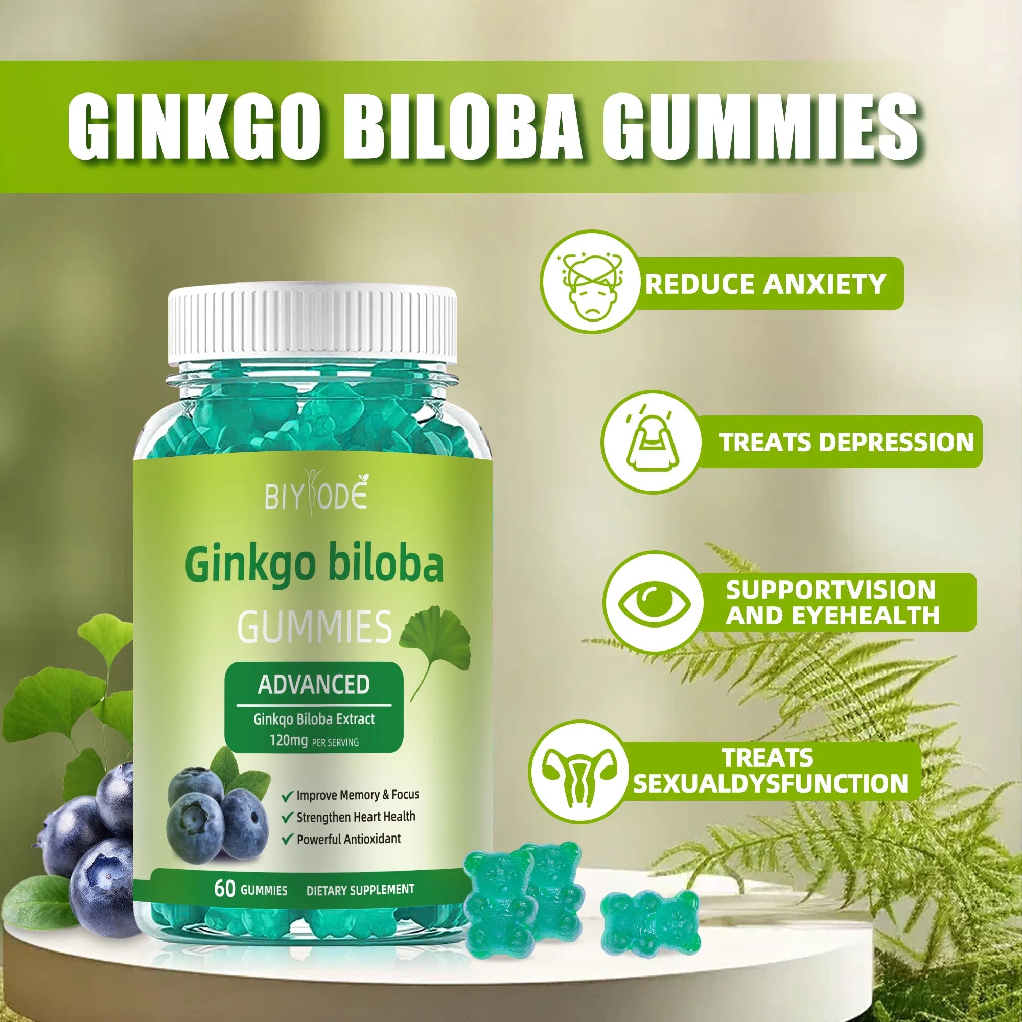 Ginkgo biloba gummies bottle with 60 gummies for memory and focus support herbal supplement