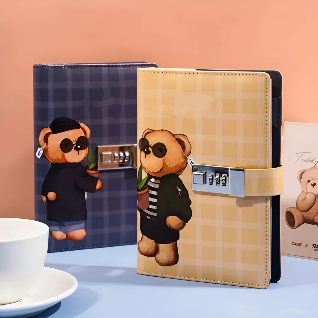 B6 Tide Card password book with lock, PU hard cover, animal retro print, 20x14cm, blue or yellow check base.