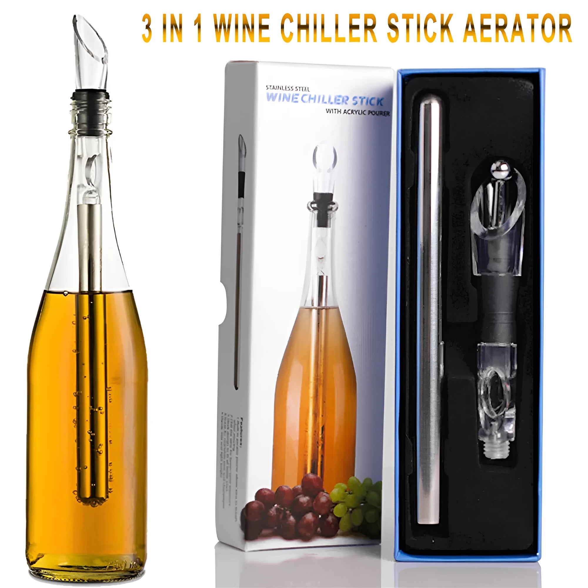 Stainless steel wine chilling rod with integrated drip-free pourer and aerator, shown in silver finish