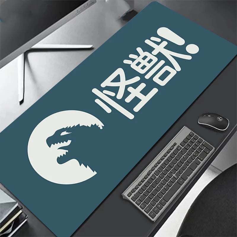 All black extra long mouse pad with precision overlock stitching on a desk
