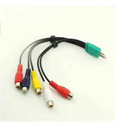Black tinned copper AV cable with 3.5mm plus 2.5mm plug on one end and five RCA connectors on the other, 18cm length