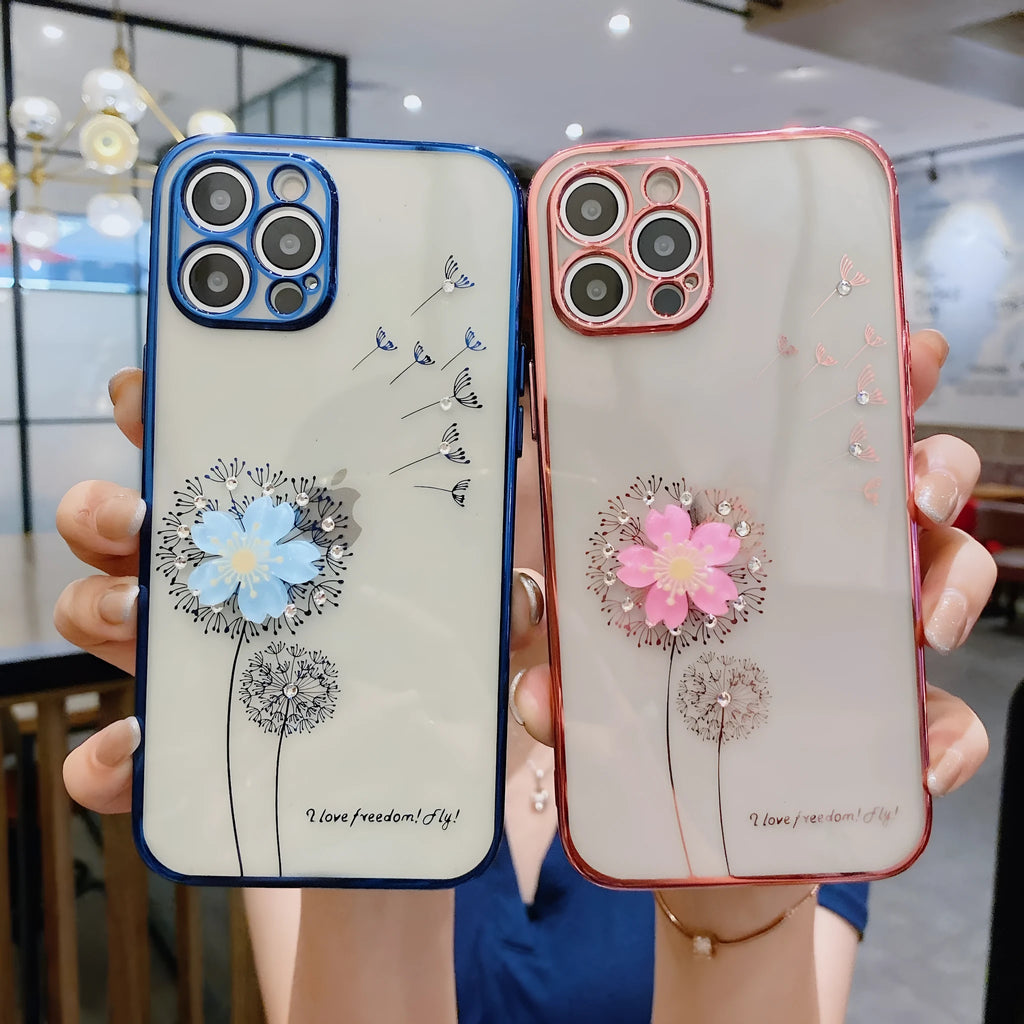 Green iPhone case with a built-in 3D white flower stand popped out, showing the phone propped up for viewing.
