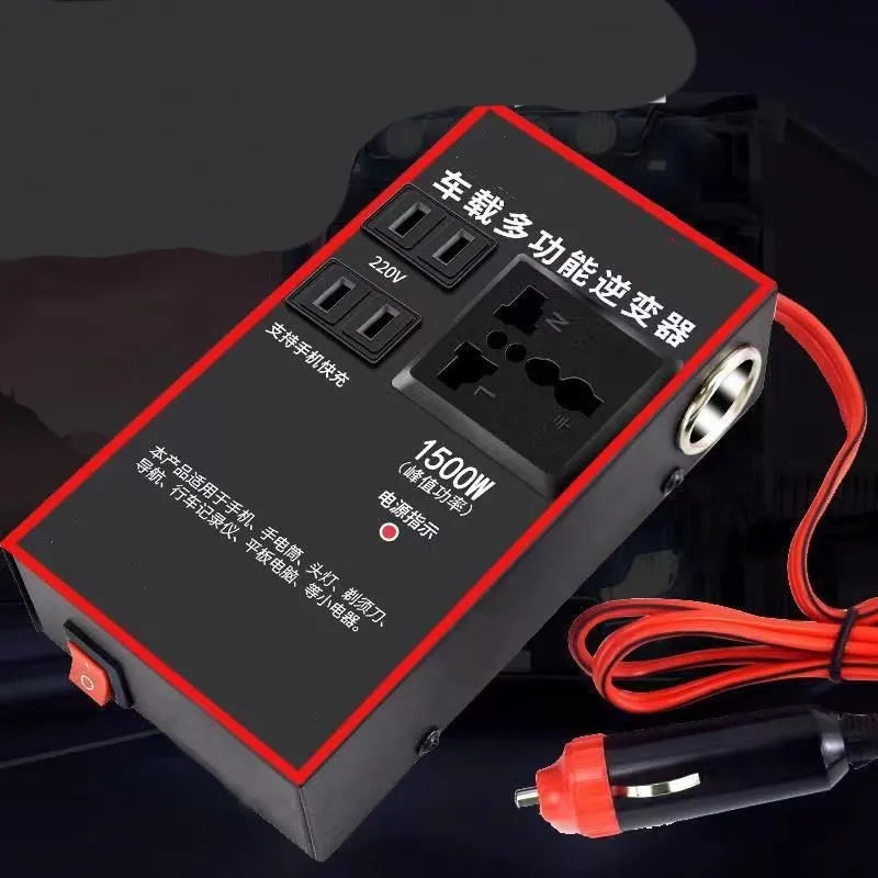 Black 12V/24V to 220V automotive power converter with 4 USB ports for car socket connection