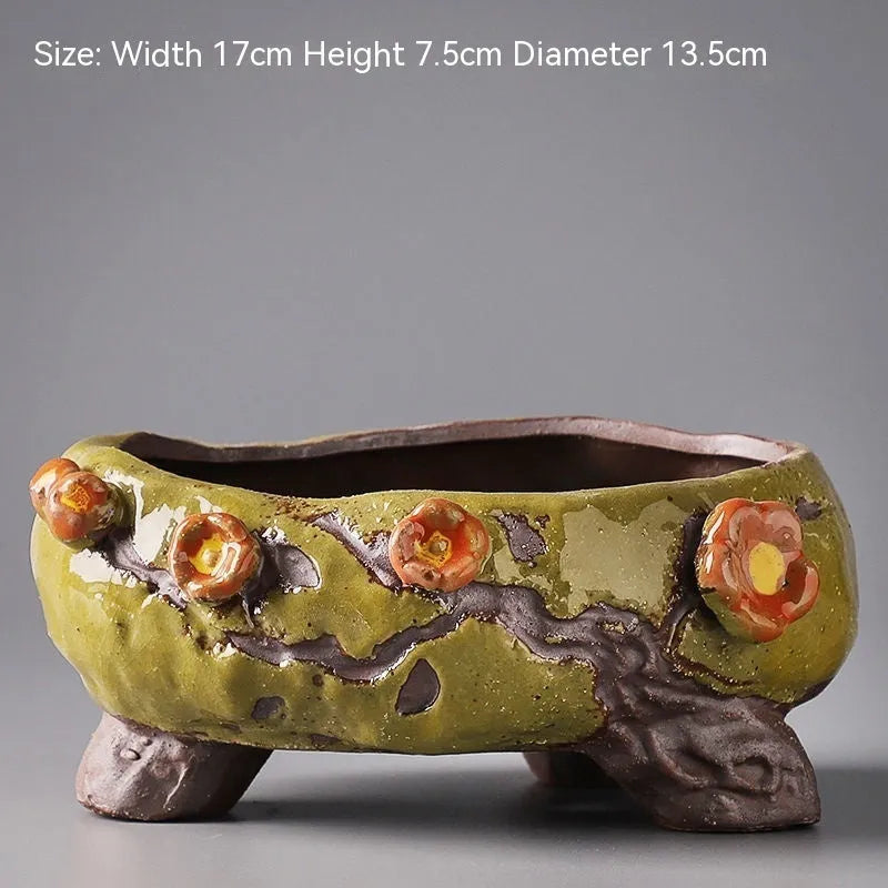 Ceramic combination flower pot with hand-painted pastoral design for plant display