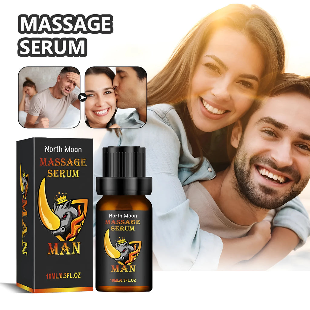 10ml glass bottle of amber men's vitality massage essential oil with a dropper.