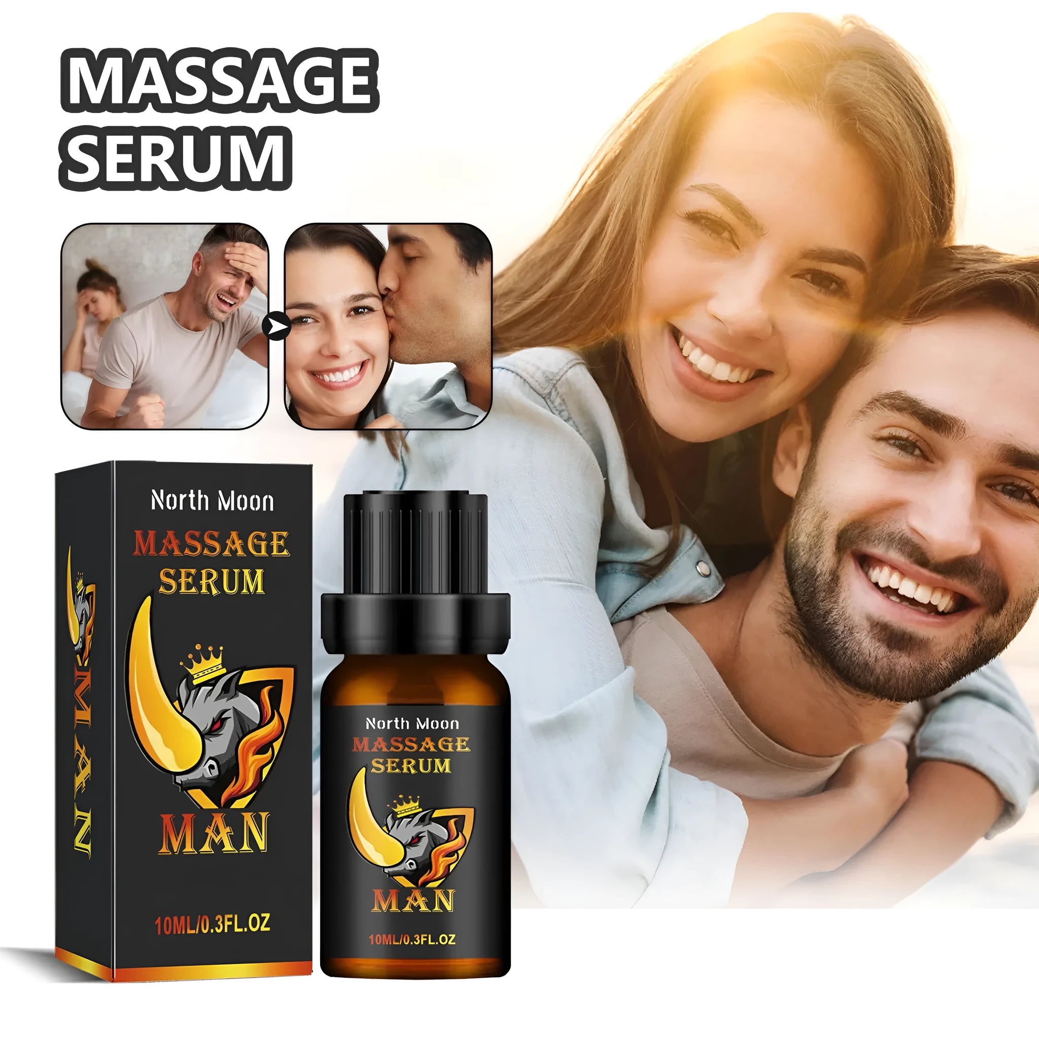 10ml glass bottle of amber men's vitality massage essential oil with a dropper.