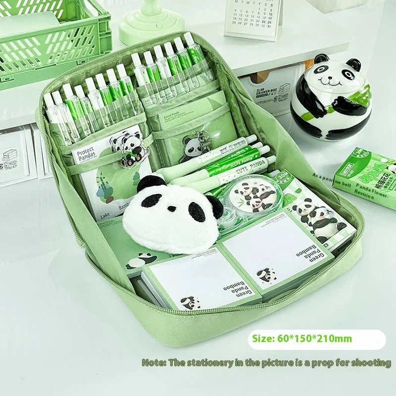 Green Korean-style canvas pencil case showing 12 open layers for organised pen and pencil storage