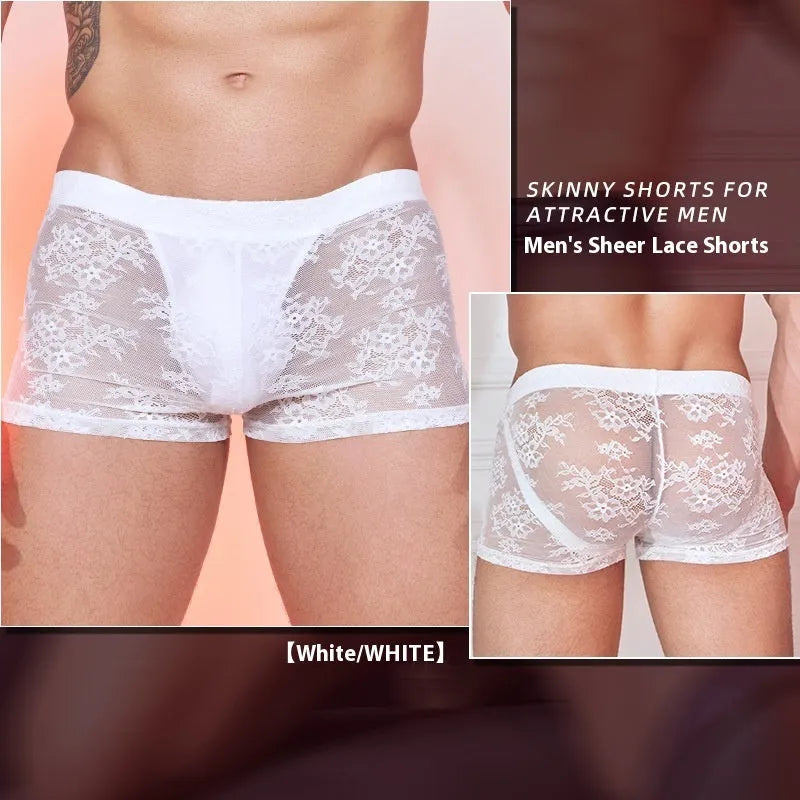 Fashion Personality men's black boxers with a white lace trim detail laid flat.