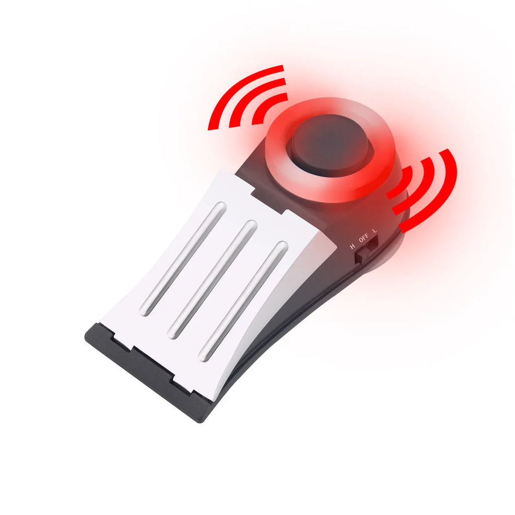 Grey hotel door stopper with flashing burglar alarm and lighting function