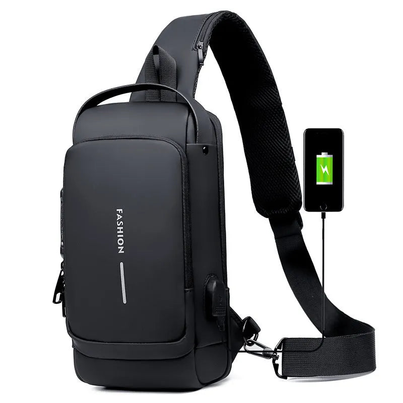 Motorcycle chest bag in PU leather with password lock, square vertical shape, car-suture design, black colour