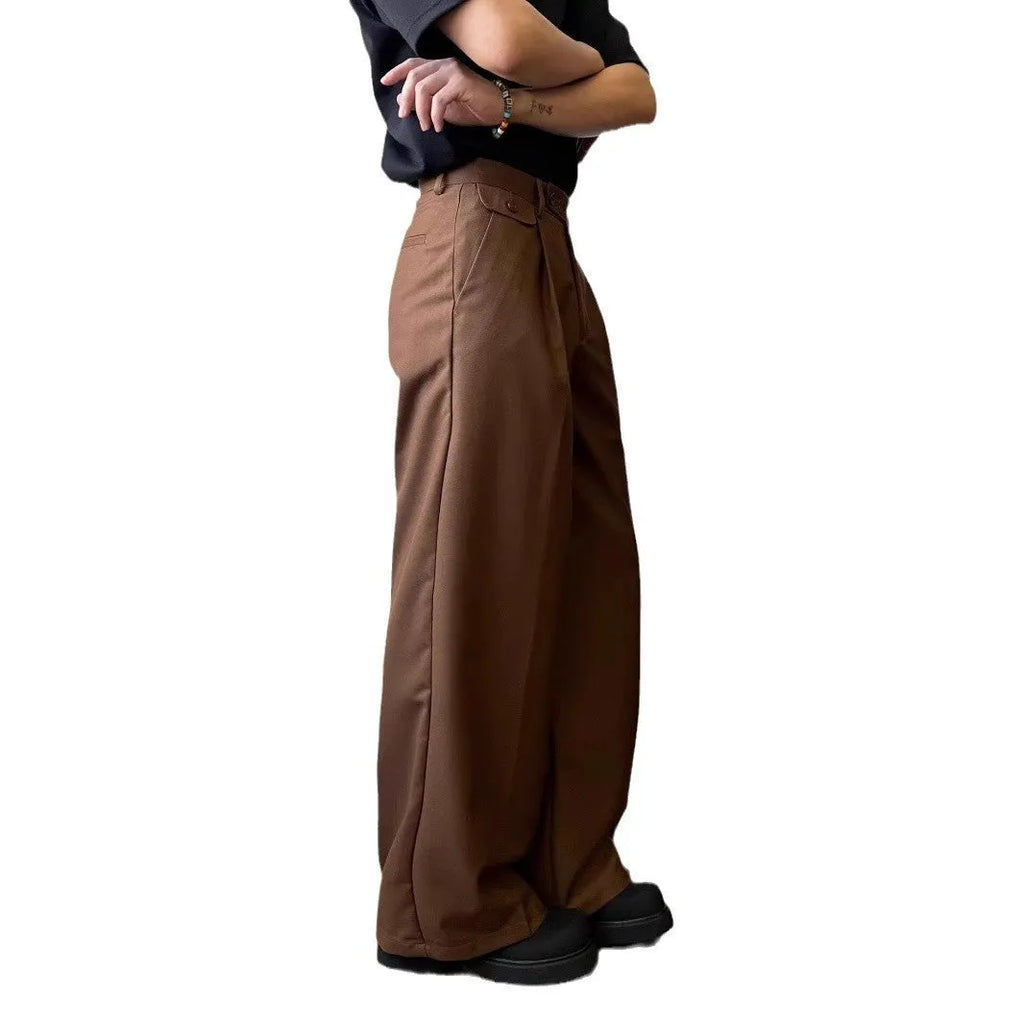Men's brown straight-leg wide trousers with casual draping design