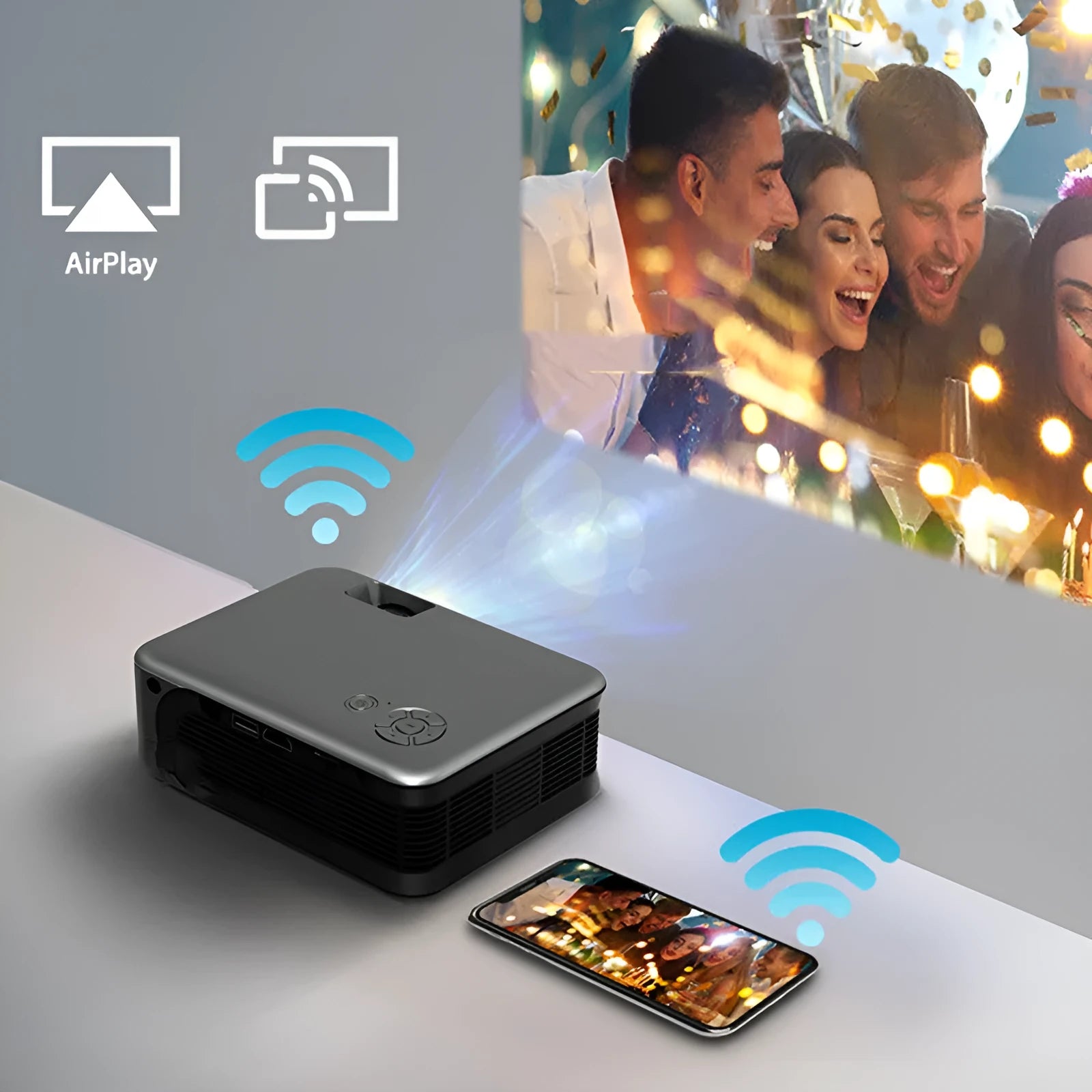 Portable compact projector with 2.4-inch LCD screen, 160x120x55mm, black casing