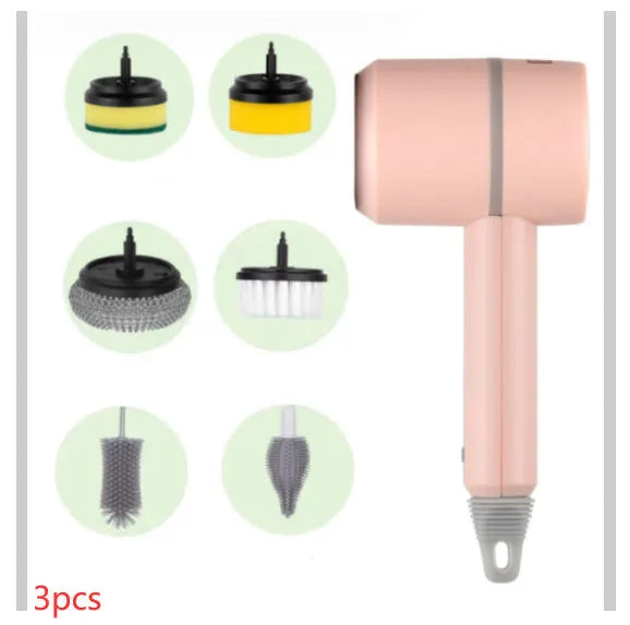 White electric cleaning brush with rotating scrub head and separate scouring pad attachment