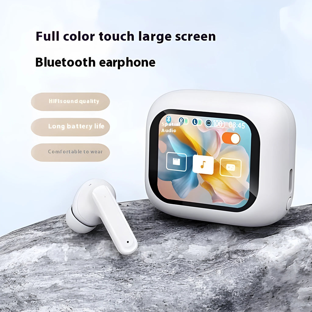 Wireless Bluetooth in-ear headset with touch noise reduction and colour screen, shown in black or white