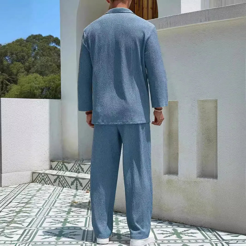 Men's casual shirt and trousers suit set in lake blue, khaki, black, or caramel colour.