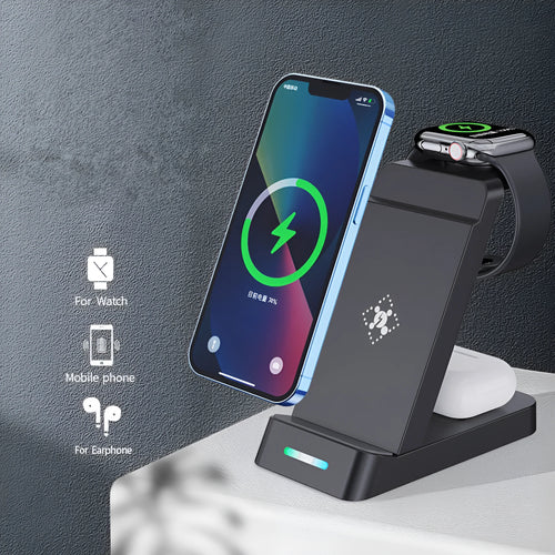 Black 3-in-1 wireless charging station showing a phone, Apple Watch, and AirPods case charging on a compact stand.