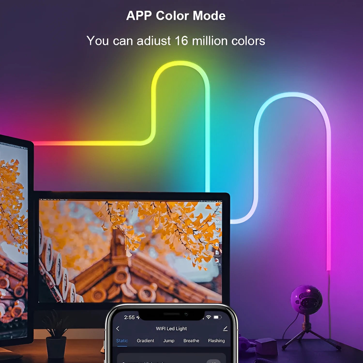 3 metre long USB-powered RGB magic colour neon LED light strip with remote control on a white background.
