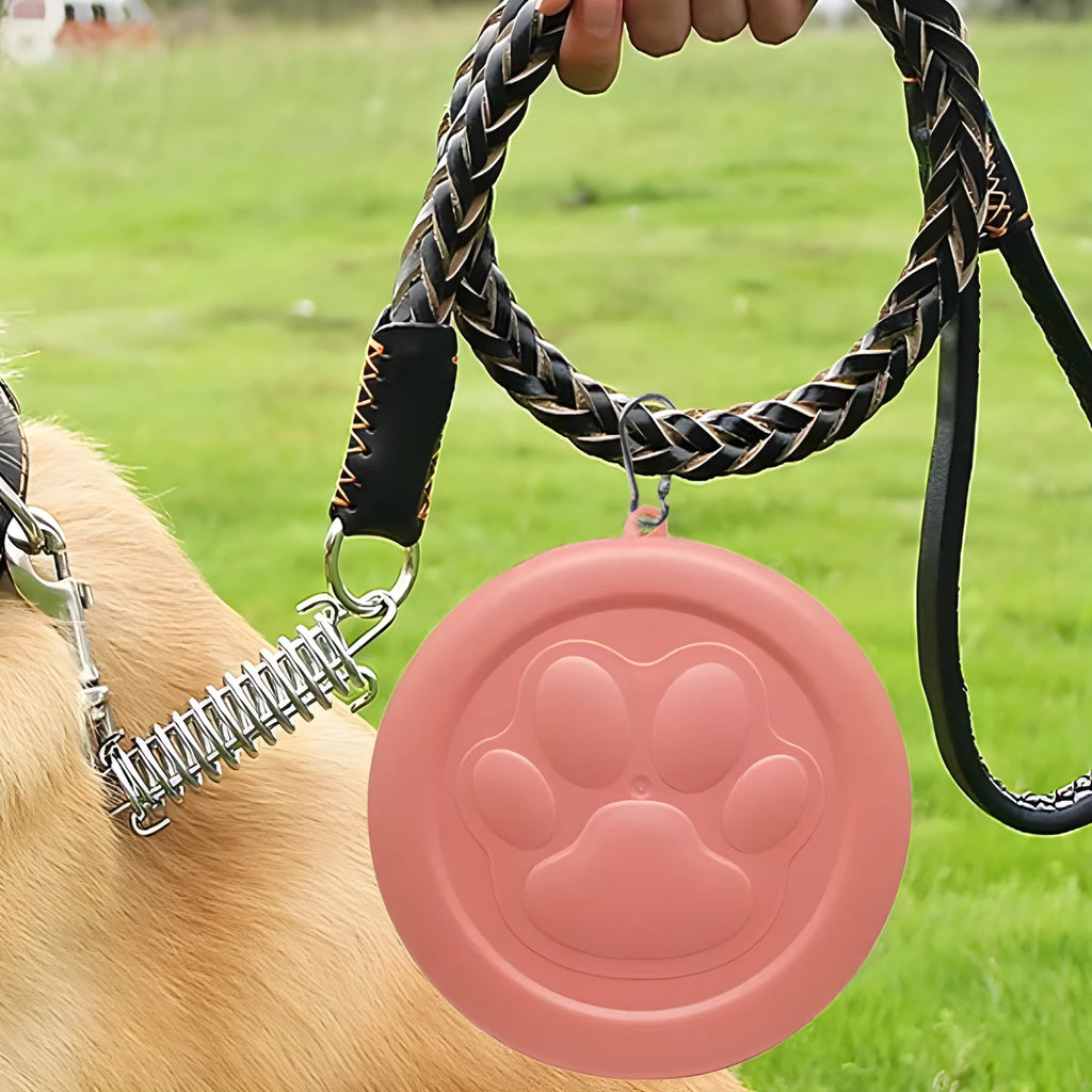 Portable collapsible dog food and water bowl shown in light pink and light green two-tone colour options.