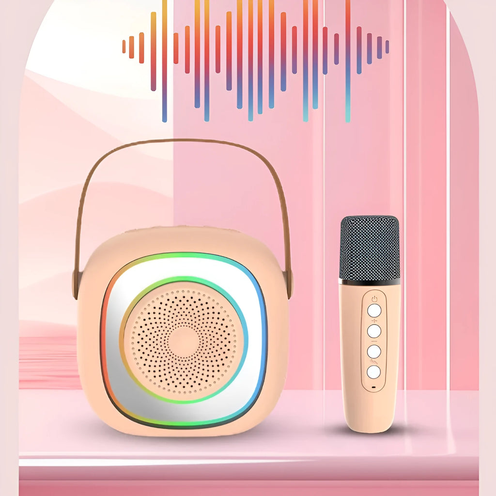 Wireless karaoke microphone with Bluetooth speaker in wheat mesh design, available in six colour variations