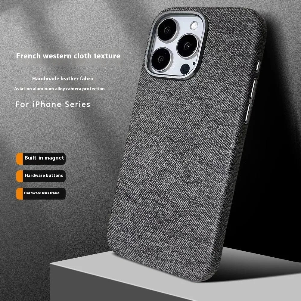 Flannel cloth pattern magnetic phone case for iPhone 12 to 16 series with metal lens cover in multiple colours