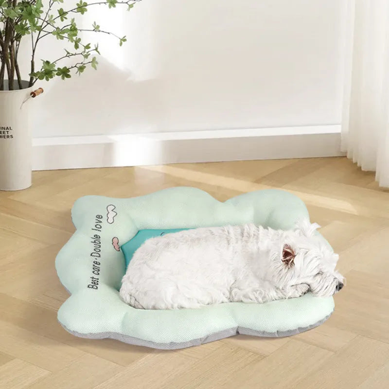 Green ice silk pet cooling mat for dogs and cats showing cooling fabric texture